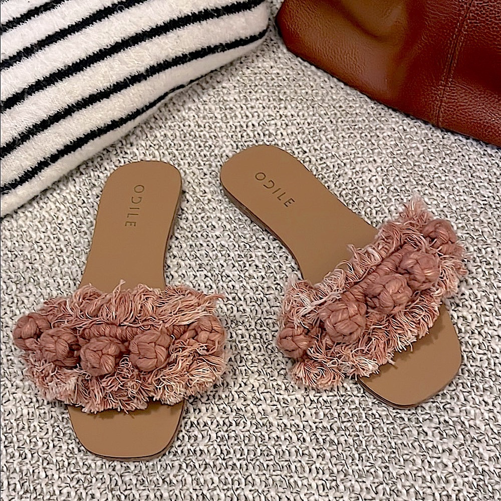 Odile Quality Rose Pink Slide Knot Fringe Macrame Strap Slip On Flat Sandals